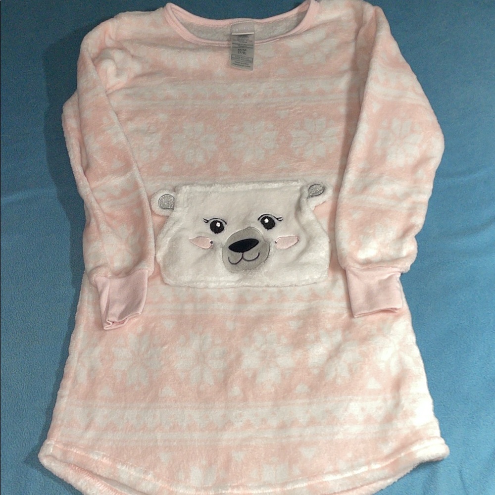 Jellifish Kids girls’ 7/8 pink/white soft fleece nightgown w/teddy bear pocket